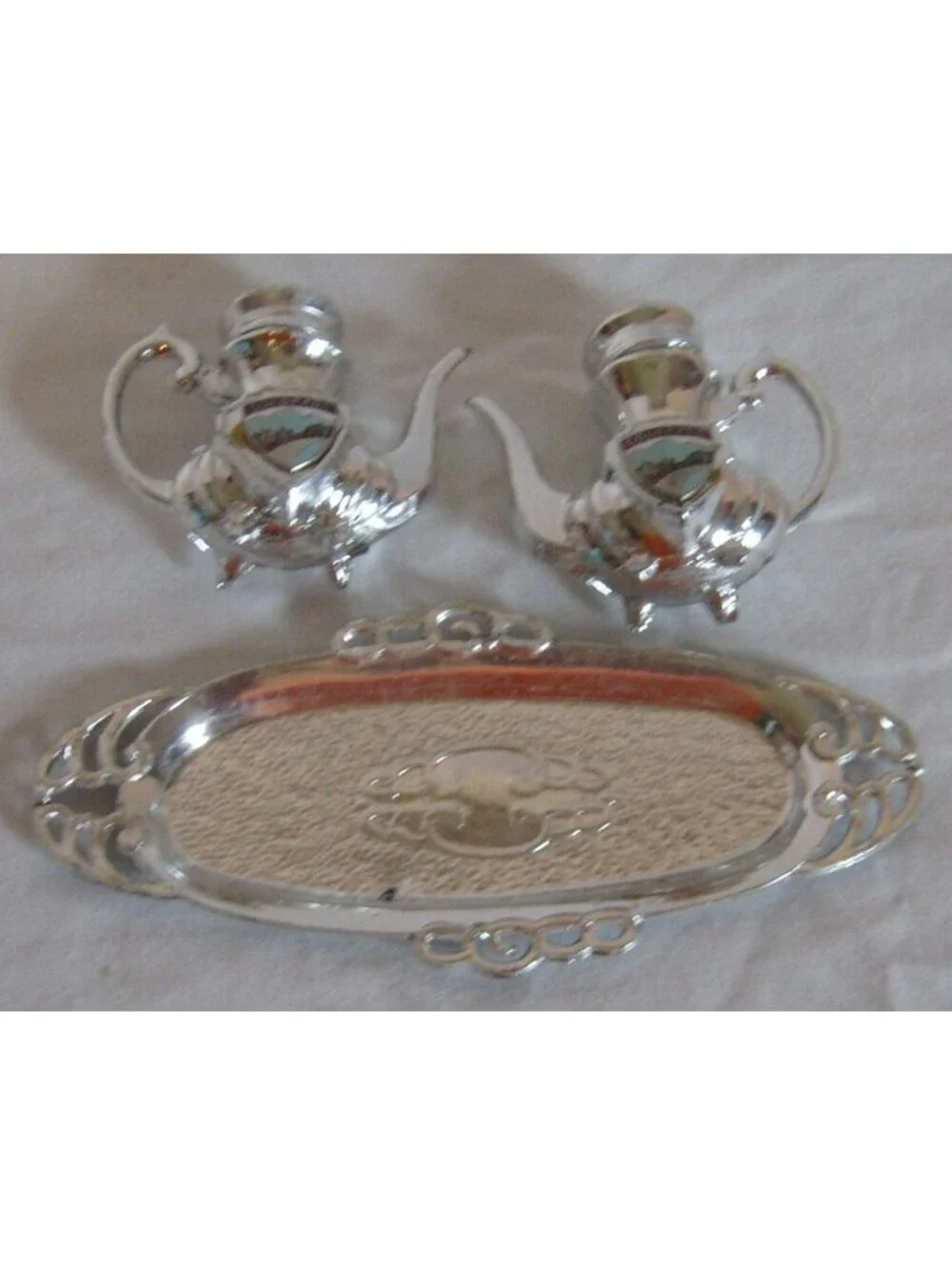 Vintage Mini Tea Pot Salt + Pepper Shaker Set w/ Tray  * Colorado Souvenir *RARE